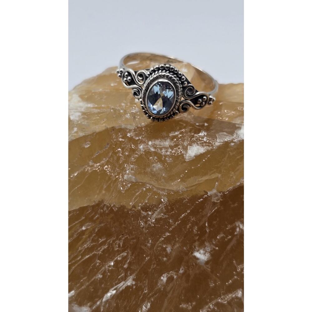 Vintage Sterling Silver Blue Topaz Ring - Ornate Bali Style Filigree Design